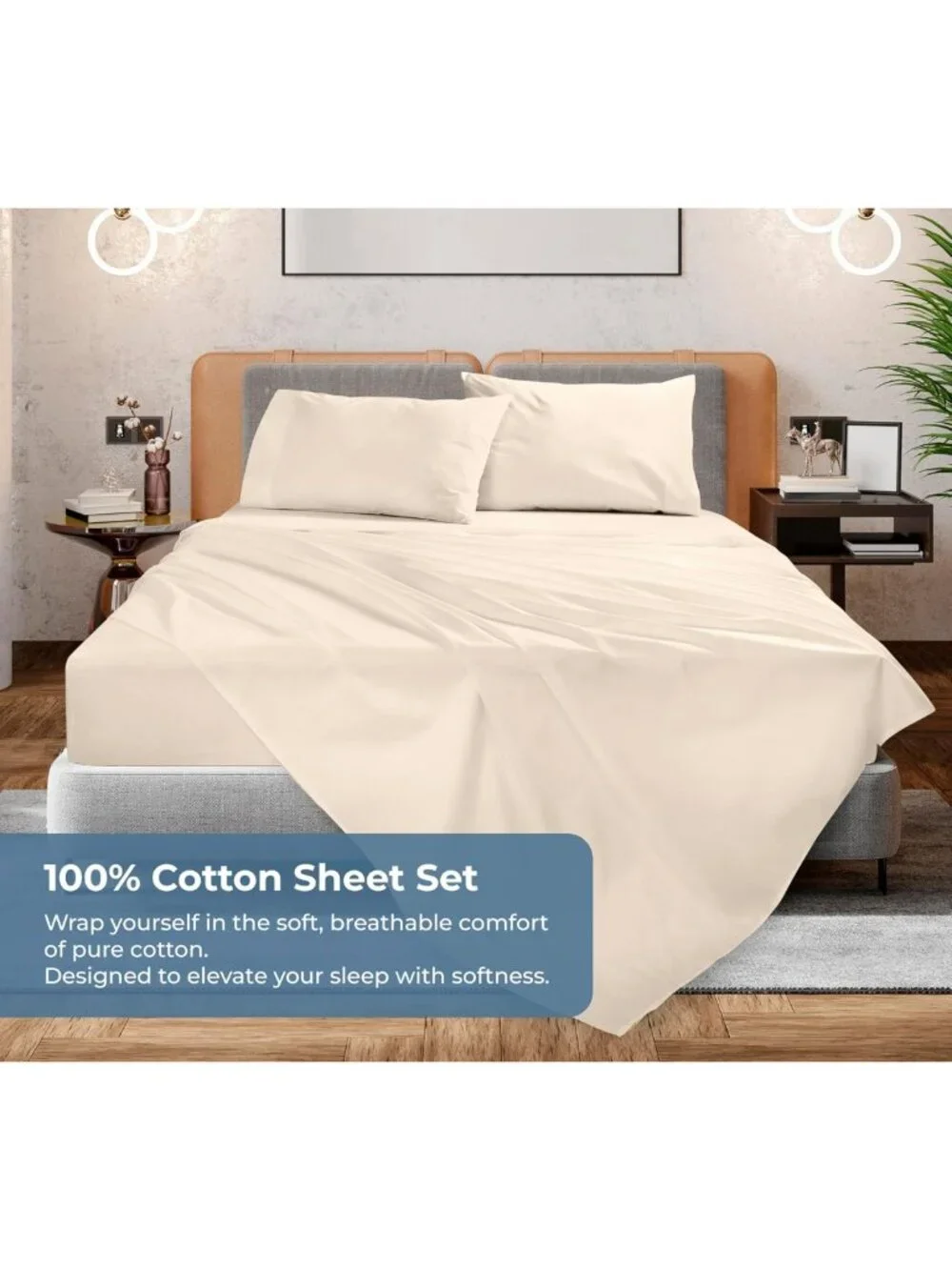 Organic Cotton King Sheet Set - 100% Percale Weave - 4 Pieces - Cream Bed Sheets